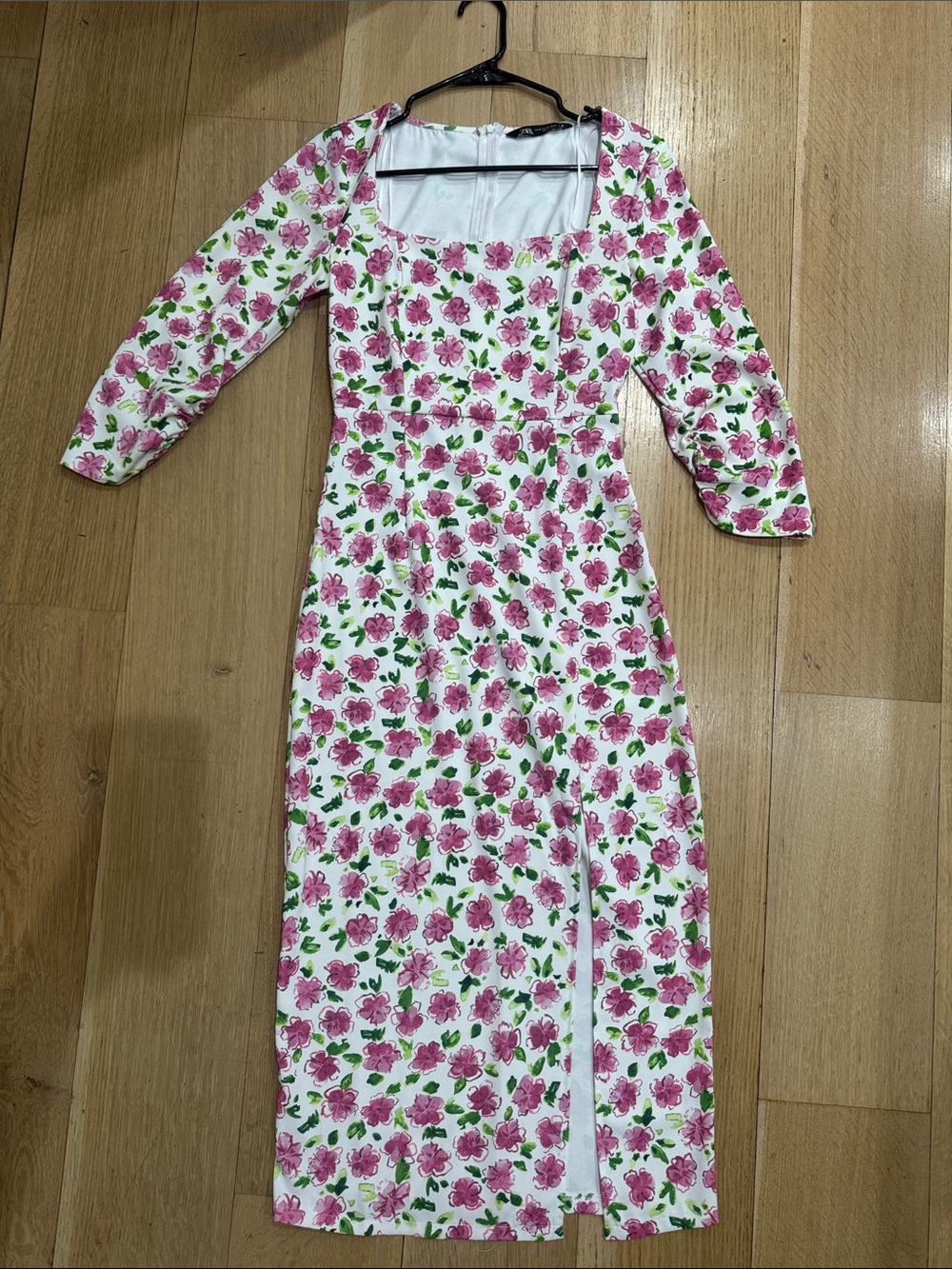 Zara White Dress with Pink Floral Print and Green Leaves